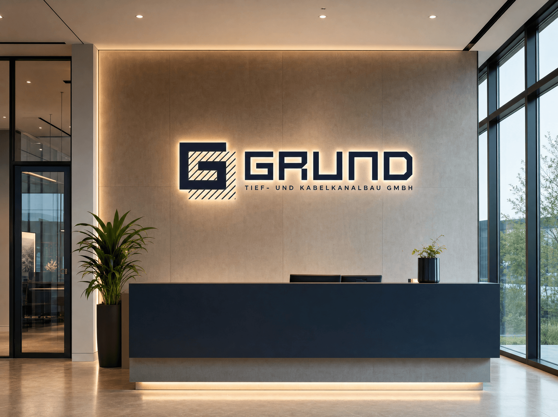 Moderner Empfangsbereich der GRUND Tief- und Kabelkanalbau GmbH mit beleuchteter Logo-Wand